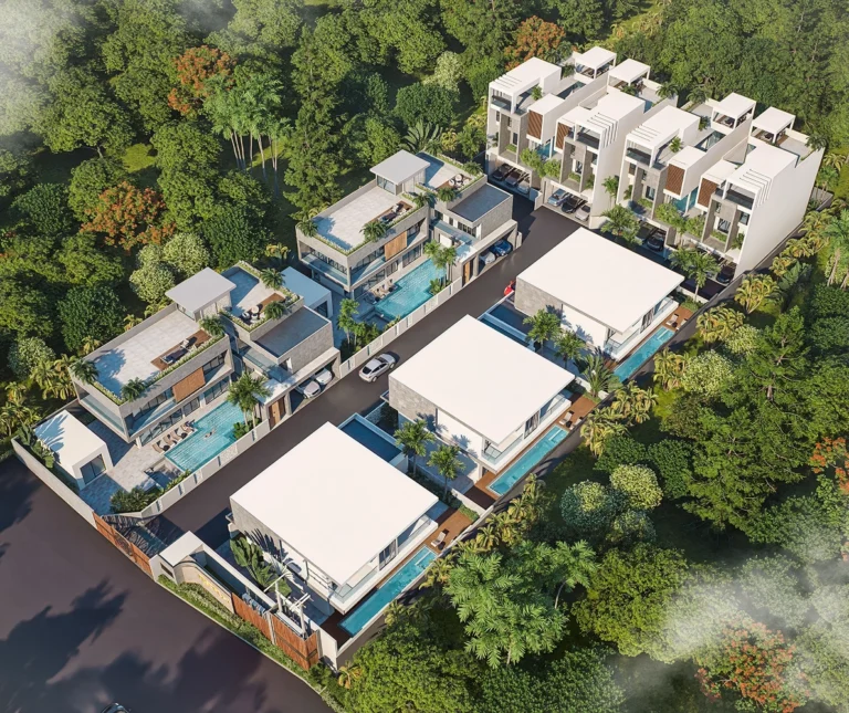Overhead Perspective Of A Modern Residential Complex With Sleek Architecture And Surrounding Greenery